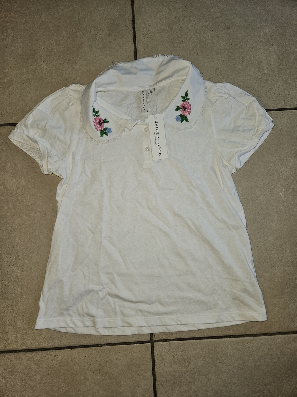 Janie and Jack White Polo Top with Pink Floral Embroidered Collar